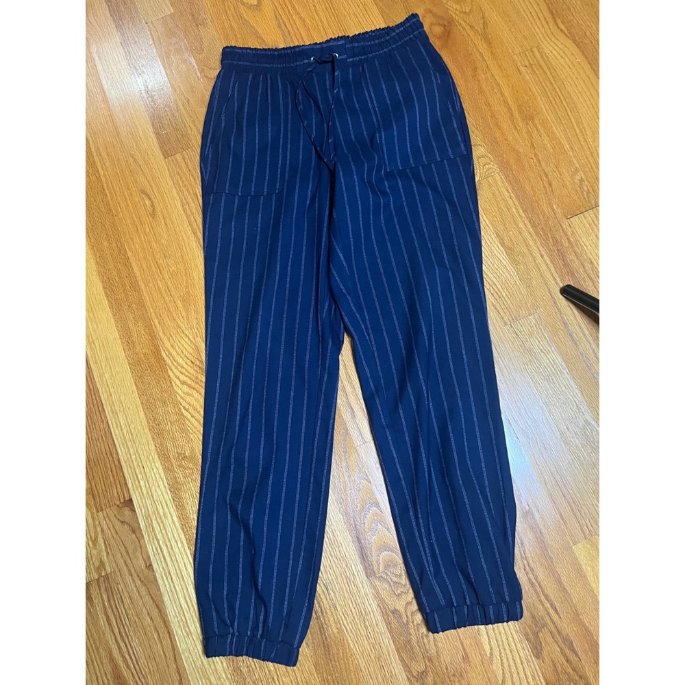 Nine West Women Navy Pinstripe Jogger Pants Elastic Waist Drawstring S Long - Picture 1 of 6